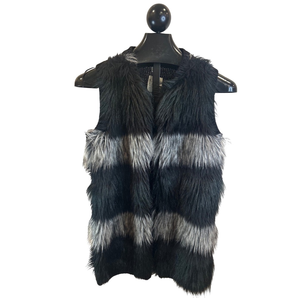H&M Faux Fur Vest Black Grey Striped Knit Back Sleeveless‎ Jacket Small New